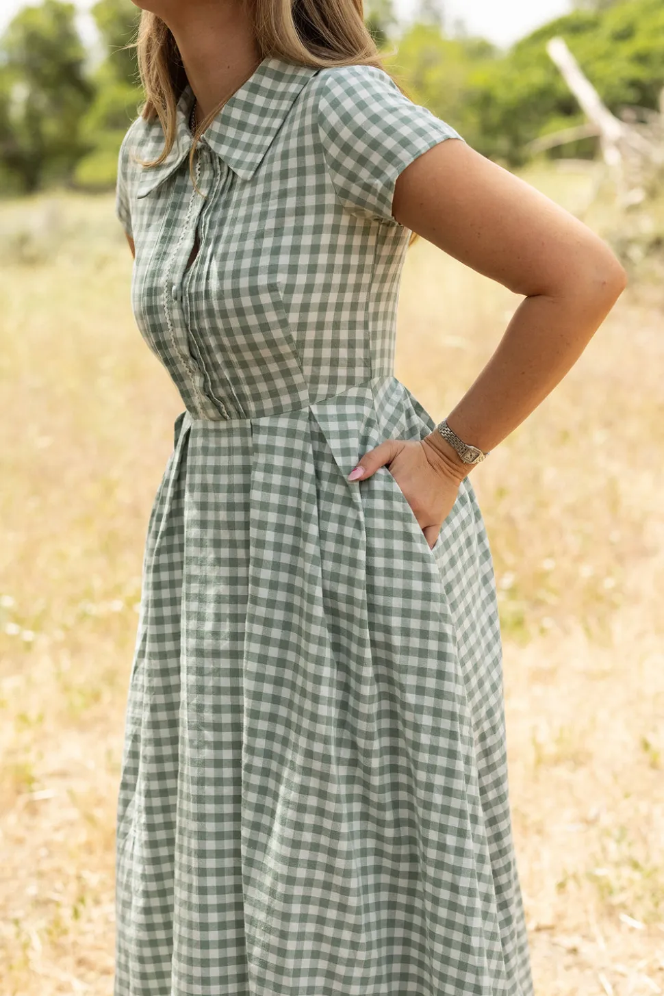 Amber Dress in Sage Gingham