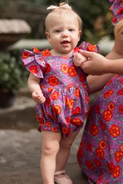 Baby Hattie Romper in Thistle Flower Poppy Woodblock