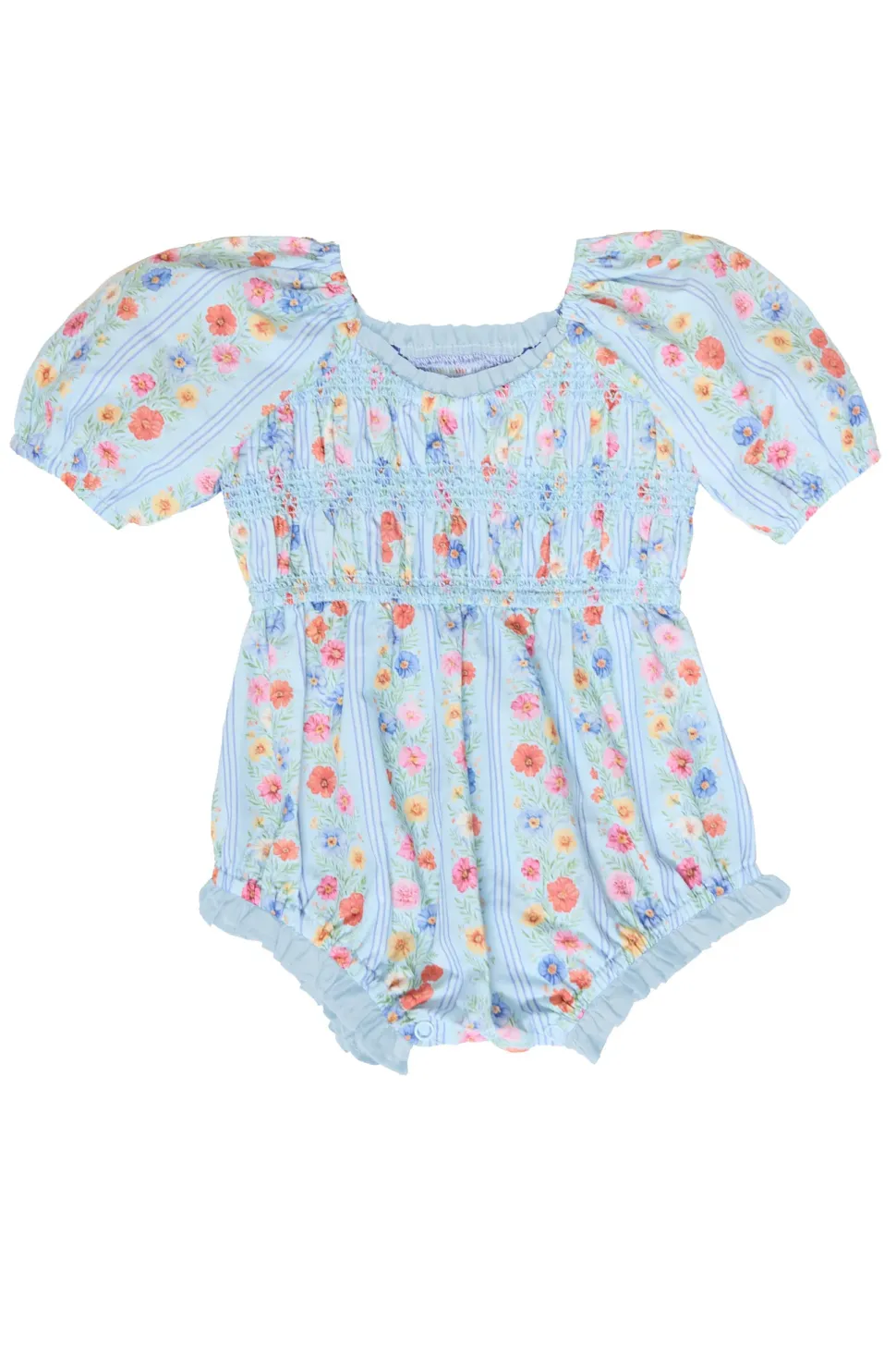 Baby Roselyn Romper in Blue Linear Floral Print