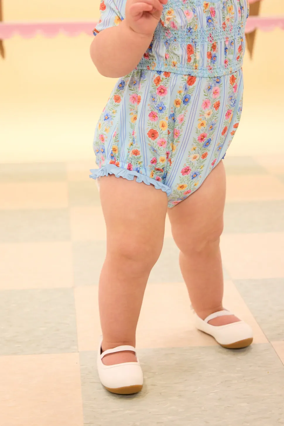Baby Roselyn Romper in Blue Linear Floral Print