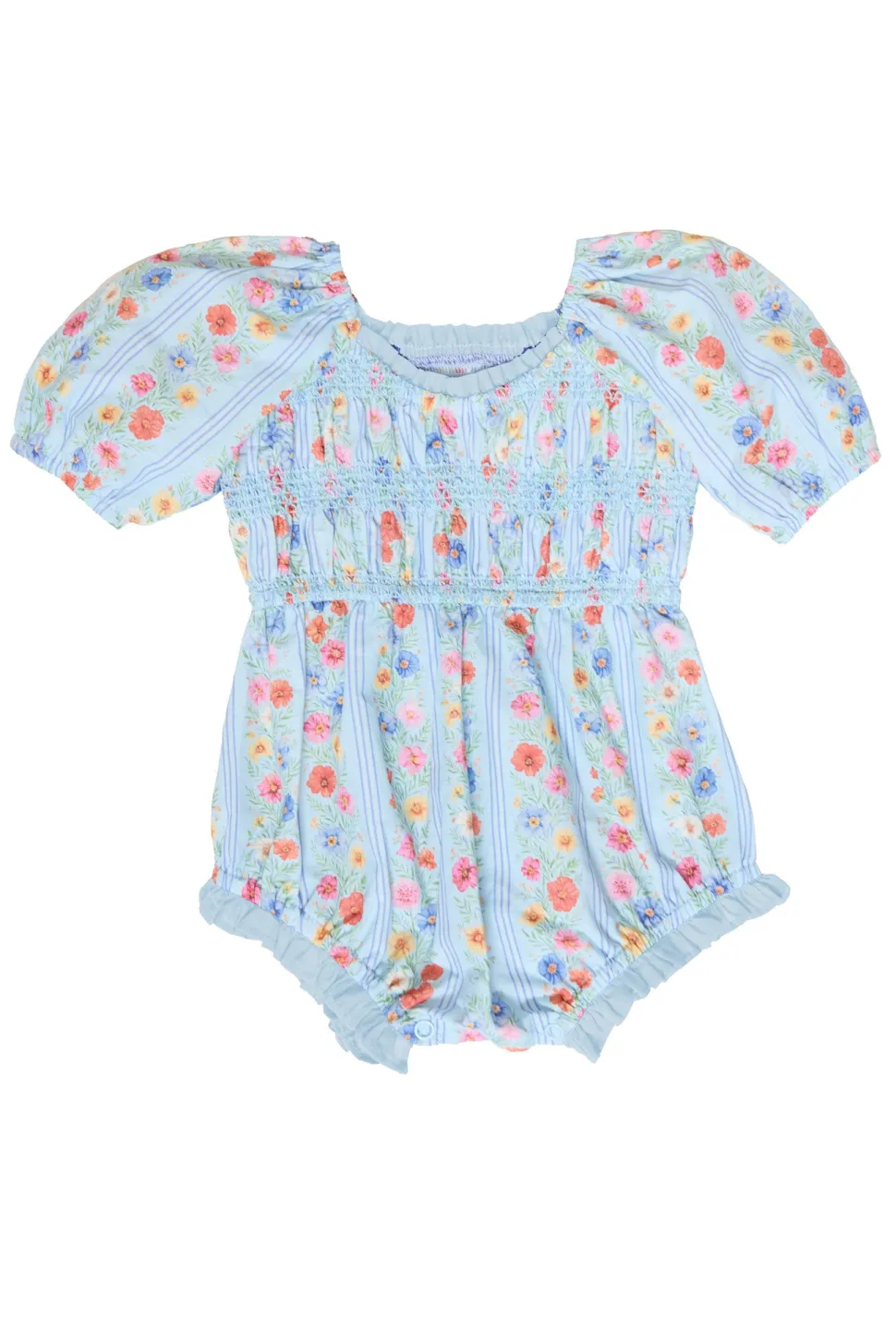 Baby Roselyn Romper in Blue Linear Floral Print