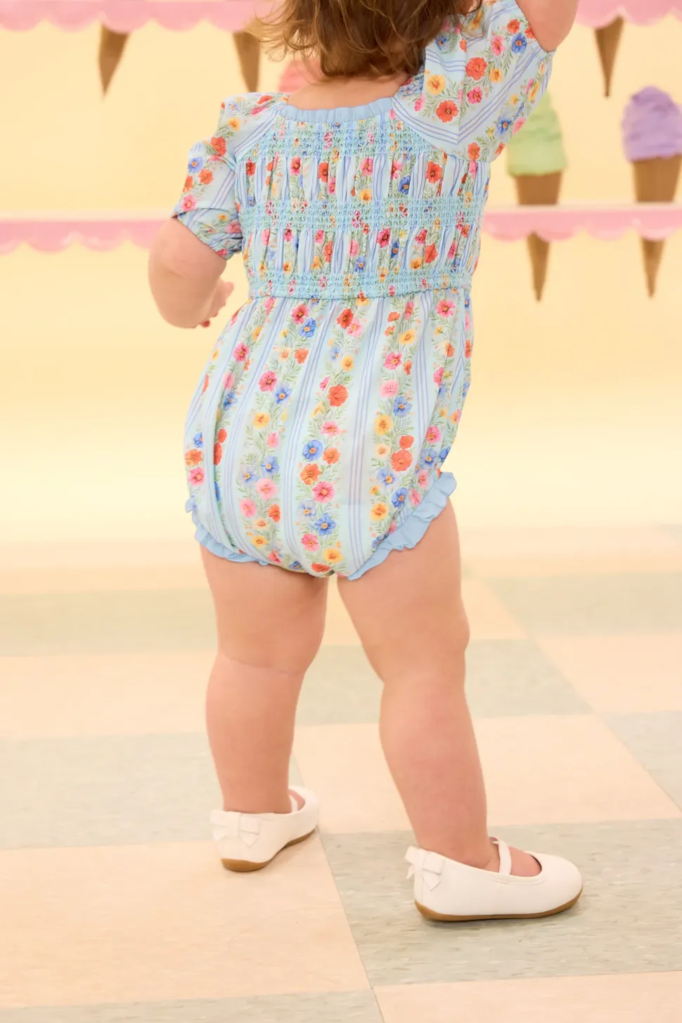Baby Roselyn Romper in Blue Linear Floral Print