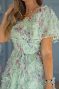 Florentina Short Dress in Pistachio Aquarelle Fleur