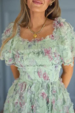 Florentina Short Dress in Pistachio Aquarelle Fleur