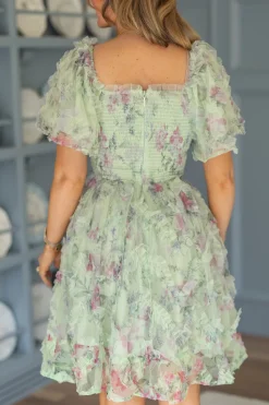 Florentina Short Dress in Pistachio Aquarelle Fleur