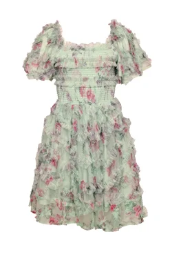 Florentina Short Dress in Pistachio Aquarelle Fleur