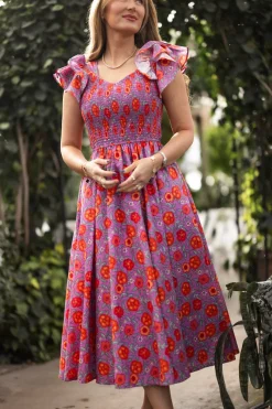 Hattie Dress in Thistle Flower Poppy Woodblock