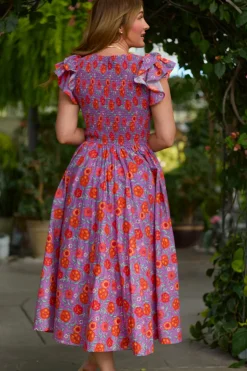 Hattie Dress in Thistle Flower Poppy Woodblock