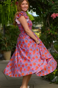 Hattie Dress in Thistle Flower Poppy Woodblock