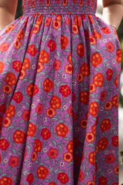 Hattie Dress in Thistle Flower Poppy Woodblock