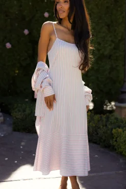 Marbella Dress in Green & Pink Pinstripe