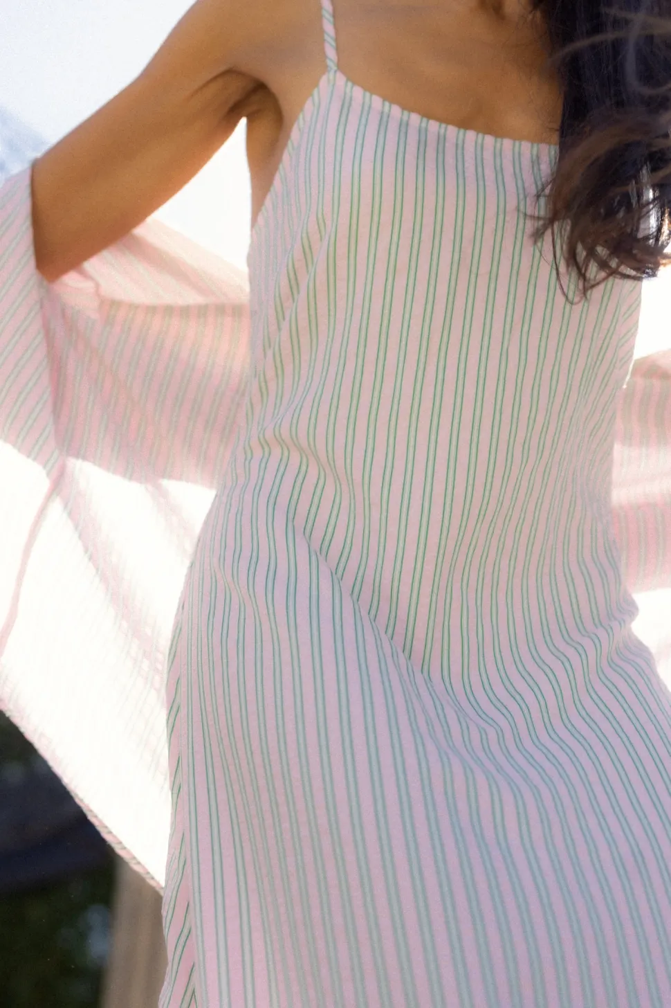 Marbella Dress in Green & Pink Pinstripe