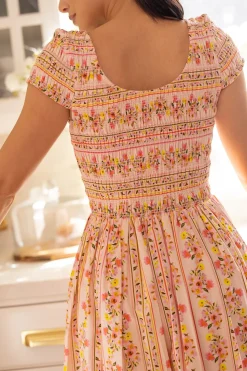 Marlow Cap Sleeve Dress in Peach Handpainted Flora Stripe