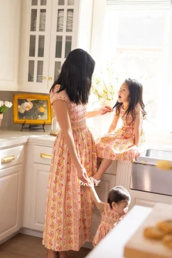 Marlow Cap Sleeve Dress in Peach Handpainted Flora Stripe
