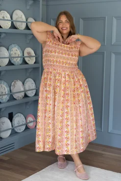 Marlow Cap Sleeve Dress in Peach Handpainted Flora Stripe