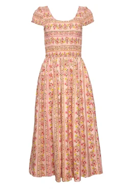 Marlow Cap Sleeve Dress in Peach Handpainted Flora Stripe