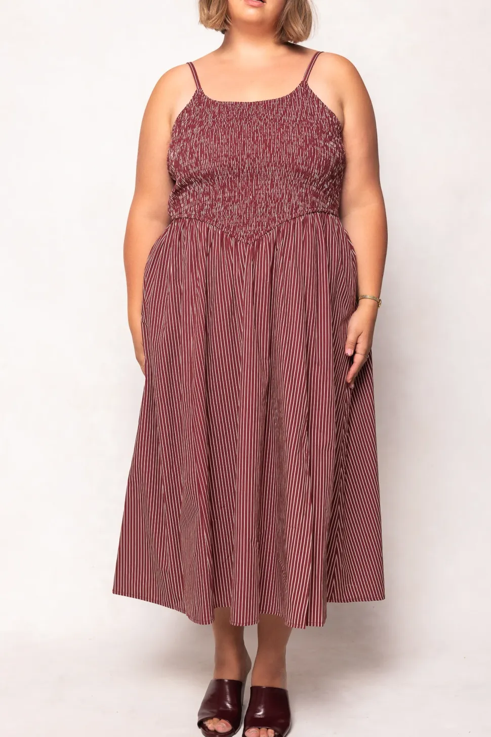 Maxwell Dress in Burgundy Pinstripe