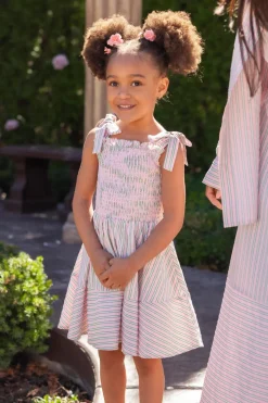 Mini Bluebell Dress in Green & Pink Pinstripe