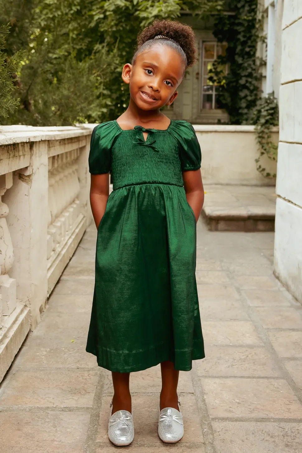 Mini Cassie Dress in Green Taffeta