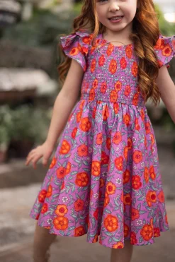 Mini Hattie Dress in Thistle Flower Poppy Woodblock