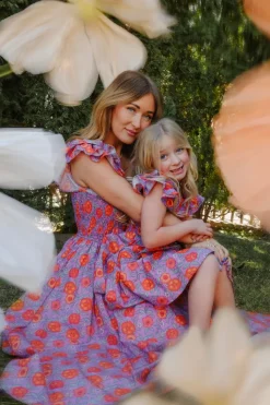 Mini Hattie Dress in Thistle Flower Poppy Woodblock
