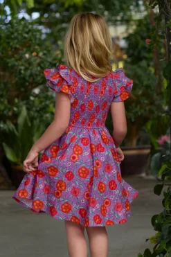 Mini Hattie Dress in Thistle Flower Poppy Woodblock