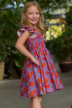 Mini Hattie Dress in Thistle Flower Poppy Woodblock
