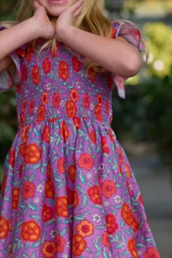 Mini Hattie Dress in Thistle Flower Poppy Woodblock