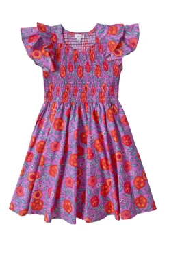 Mini Hattie Dress in Thistle Flower Poppy Woodblock
