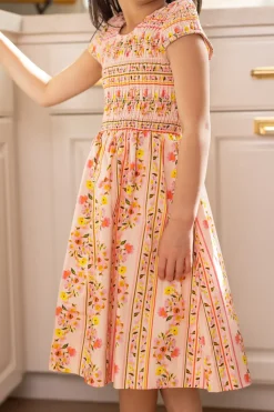 Mini Marlow Cap Sleeve Dress in Peach Handpainted Flora Stripe