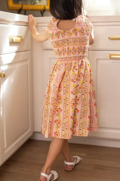 Mini Marlow Cap Sleeve Dress in Peach Handpainted Flora Stripe