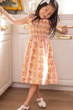 Mini Marlow Cap Sleeve Dress in Peach Handpainted Flora Stripe