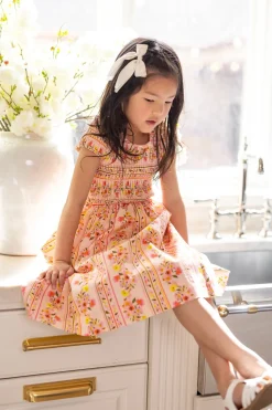 Mini Marlow Cap Sleeve Dress in Peach Handpainted Flora Stripe