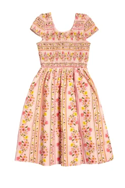 Mini Marlow Cap Sleeve Dress in Peach Handpainted Flora Stripe