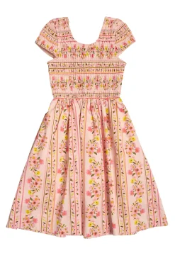 Mini Marlow Cap Sleeve Dress in Peach Handpainted Flora Stripe