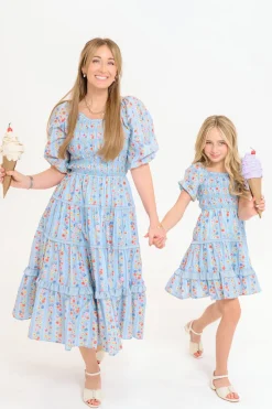 Mini Roselyn Dress in Blue Linear Floral Print