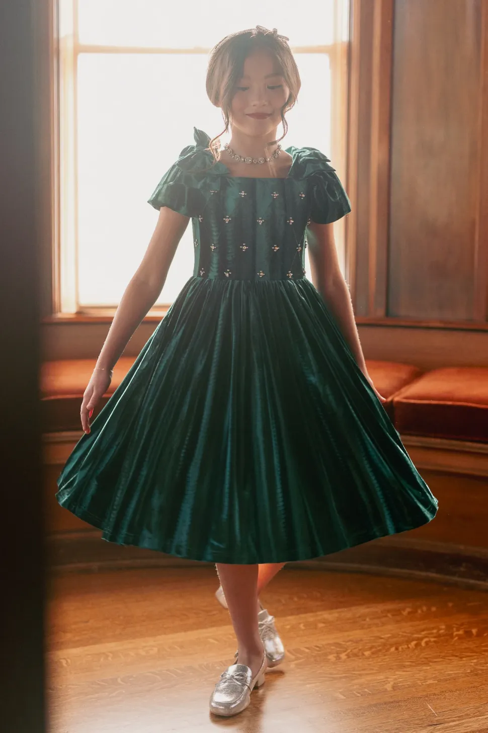 Mini Tiara Dress in Green Velvet