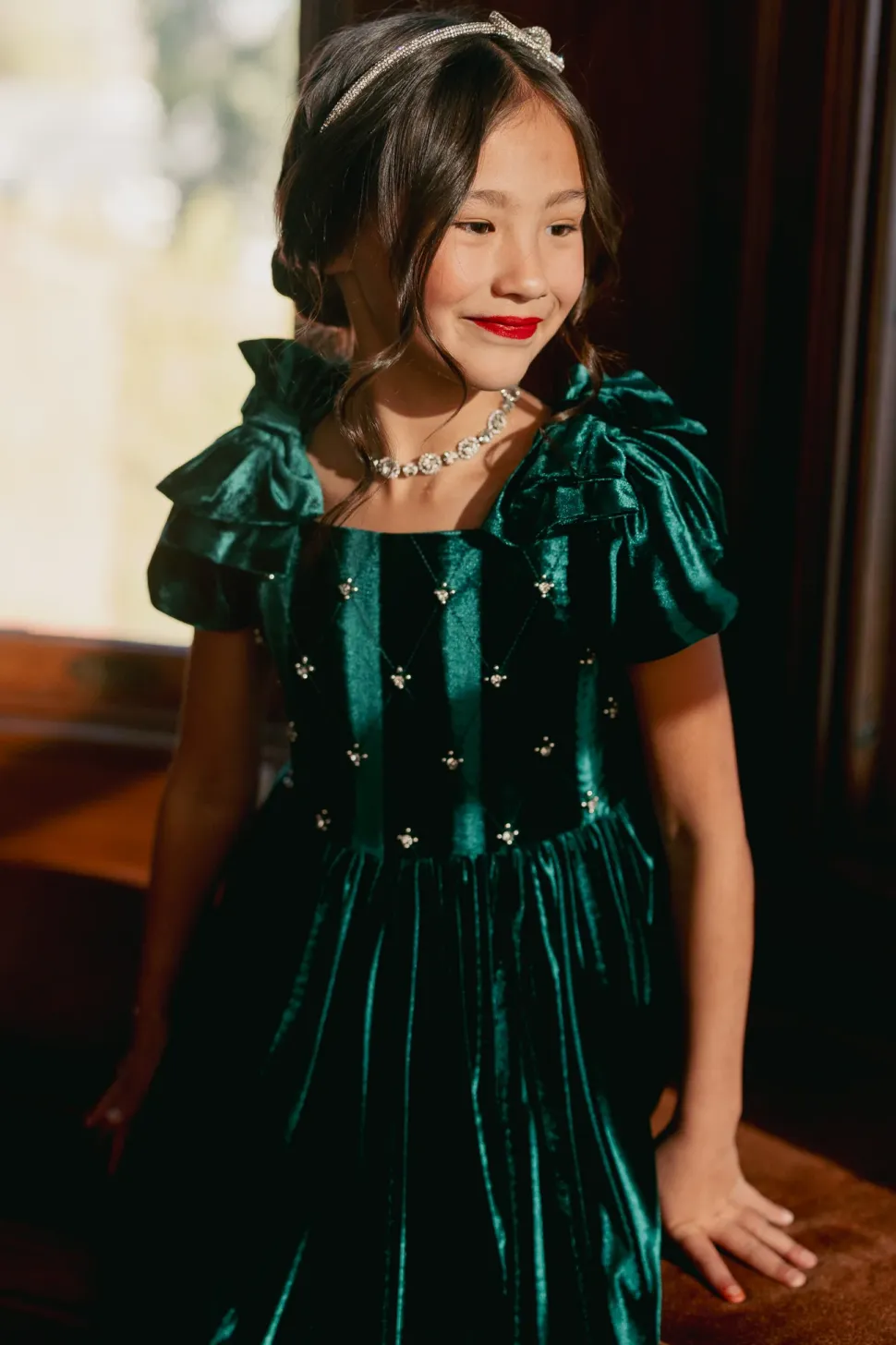 Mini Tiara Dress in Green Velvet