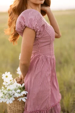 Monica Dress in Pink & Brown Gingham