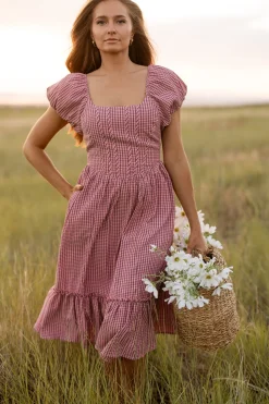 Monica Dress in Pink & Brown Gingham