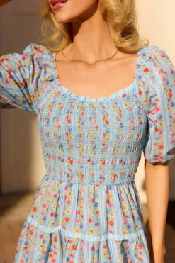 Roselyn Dress in Blue Linear Floral Print
