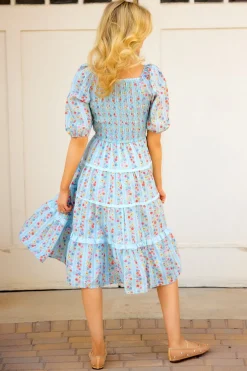 Roselyn Dress in Blue Linear Floral Print