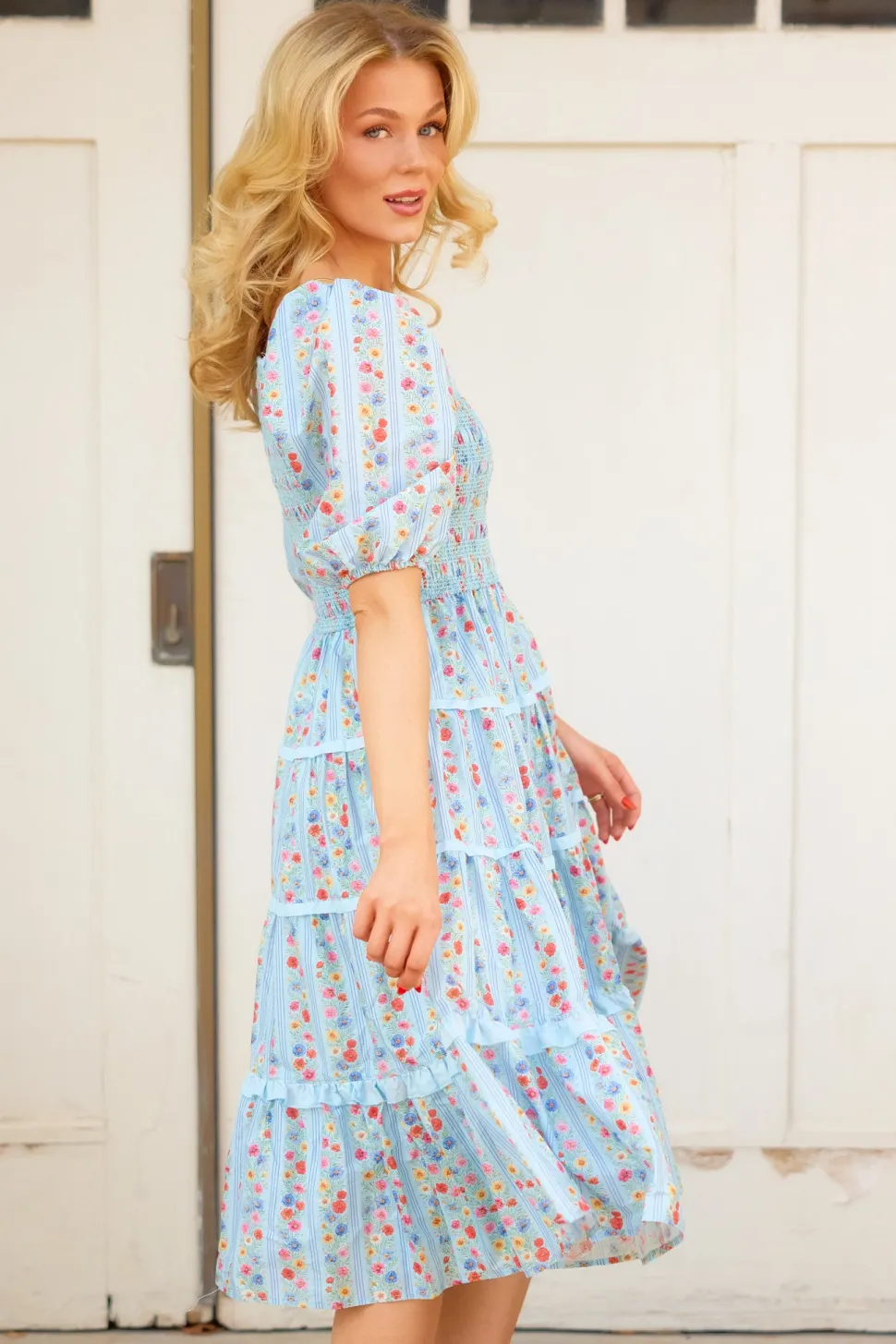 Roselyn Dress in Blue Linear Floral Print