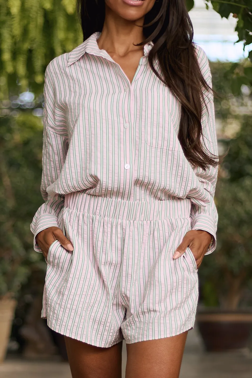 Sevilla Shorts in Green & Pink Pinstripe