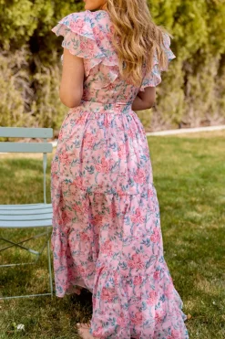 Trixie Dress in Pink Sketched Flower Chiffon
